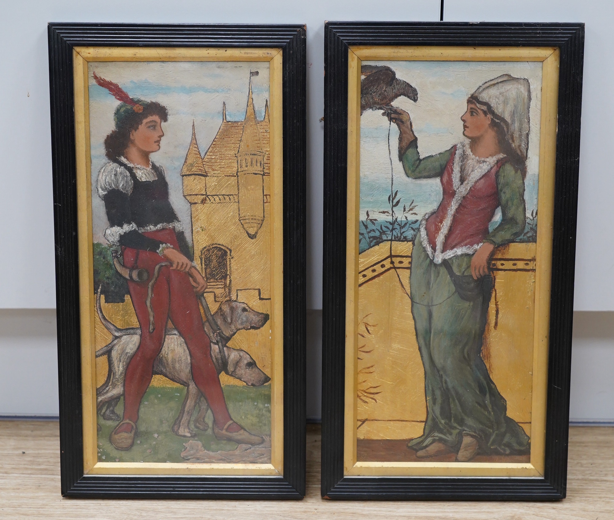 Arts and Crafts, pair of gilt and oils on board, Medieval style figures, unsigned, each 38 x 16cm. Condition - good